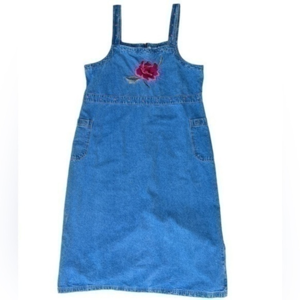 SUNSHINE Apparel Y2K Jean Dress Size 1X 100% Cotton Embroidered Roses